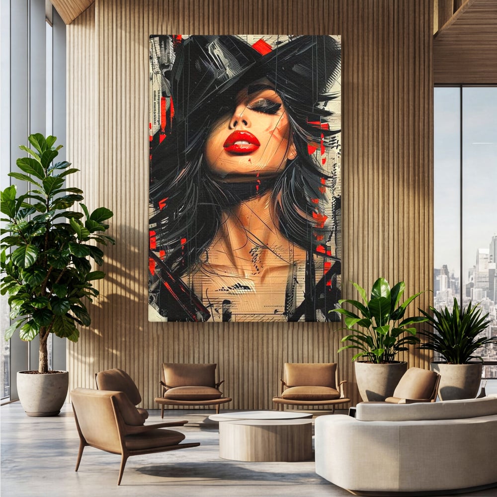 Tablou canvas cu tablou canvas cu portret stilizat de femeie, fara rama, pe sasiu de lemn, pe perete intr-un birou